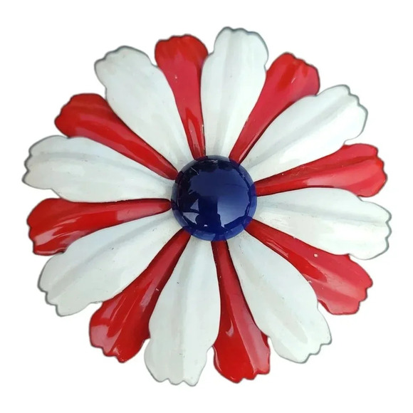 Enamel Red White Blue 1970's Flower Brooch Pin Vintage - Picture 1 of 4